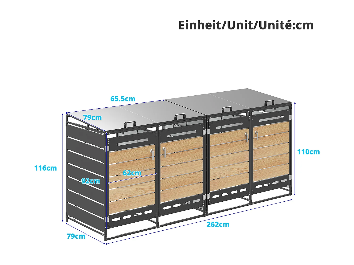 Refugio para 4 contenedores de jardín - 2 x 131 x 79 x 116 cm - con tapa hidráulica + cerradura + 4 puertas - metal - negro