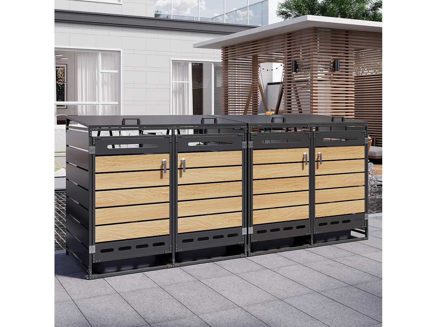 Refugio para 4 contenedores de jardín - 2 x 131 x 79 x 116 cm - con tapa hidráulica + cerradura + 4 puertas - metal - negro