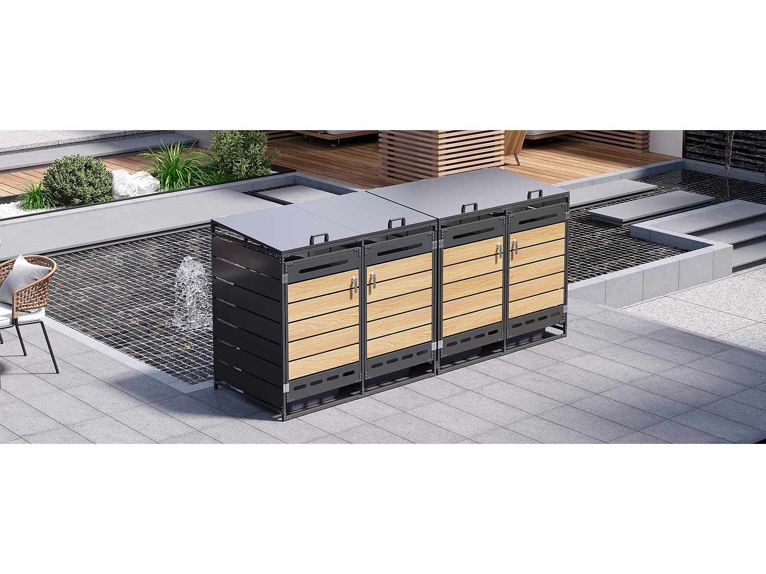 Refugio para 4 contenedores de jardín - 2 x 131 x 79 x 116 cm - con tapa hidráulica + cerradura + 4 puertas - metal - negro