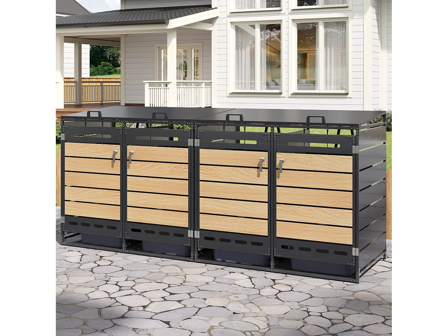 Refugio para 4 contenedores de jardín - 2 x 131 x 79 x 116 cm - con tapa hidráulica + cerradura + 4 puertas - metal - negro