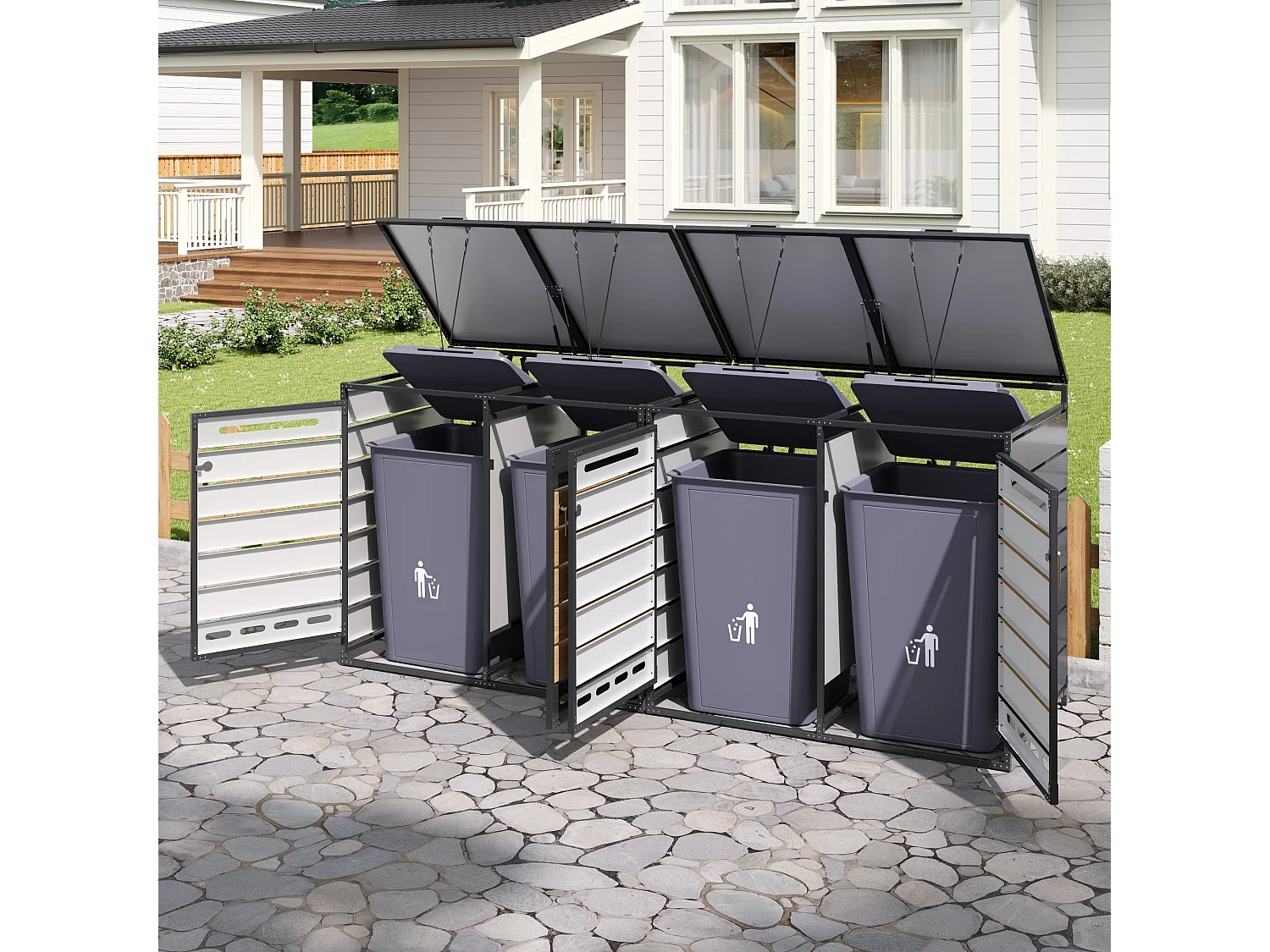 Refugio para 4 contenedores de jardín - 2 x 131 x 79 x 116 cm - con tapa hidráulica + cerradura + 4 puertas - metal - negro