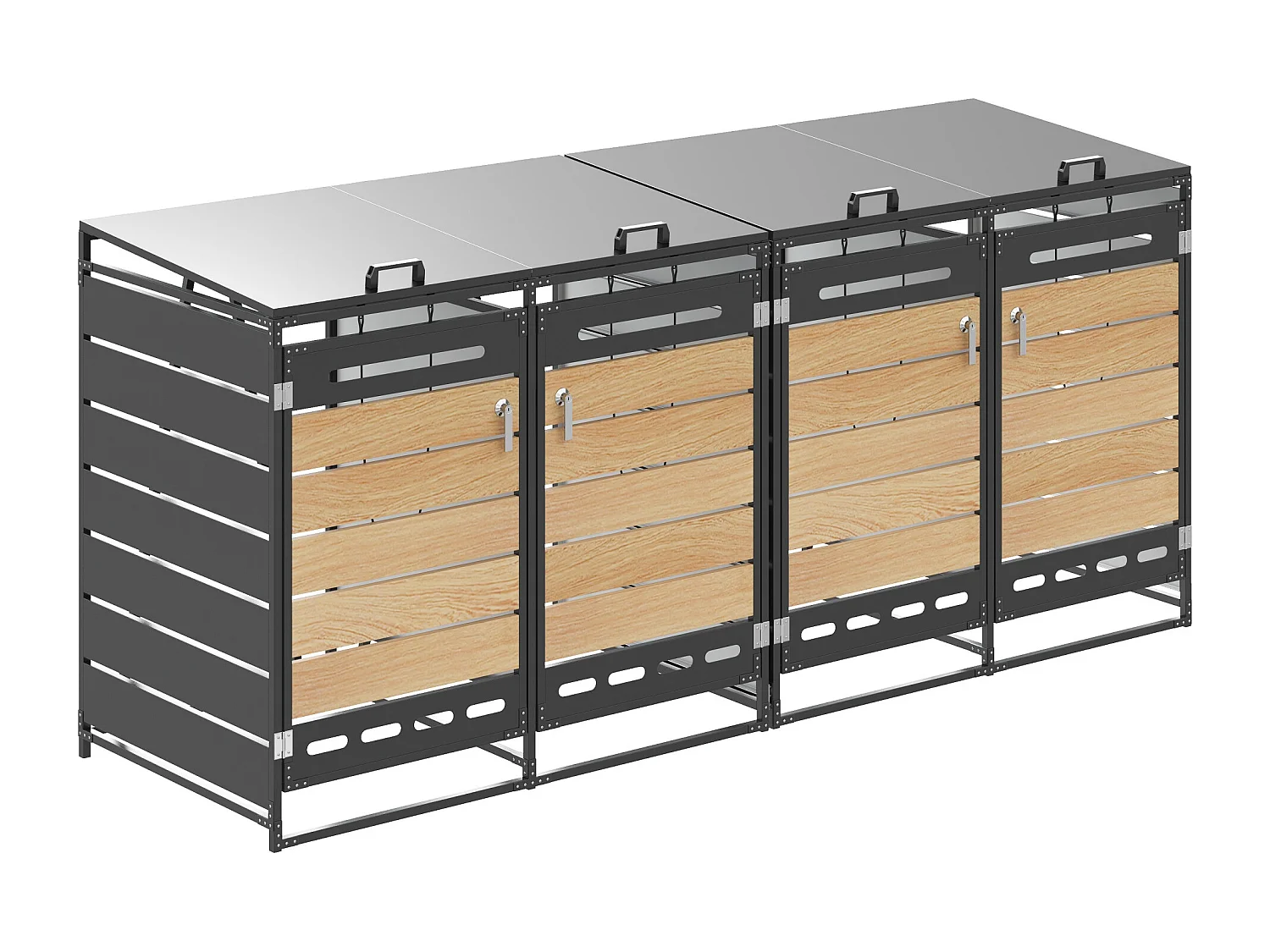 Refugio para 4 contenedores de jardín - 2 x 131 x 79 x 116 cm - con tapa hidráulica + cerradura + 4 puertas - metal - negro