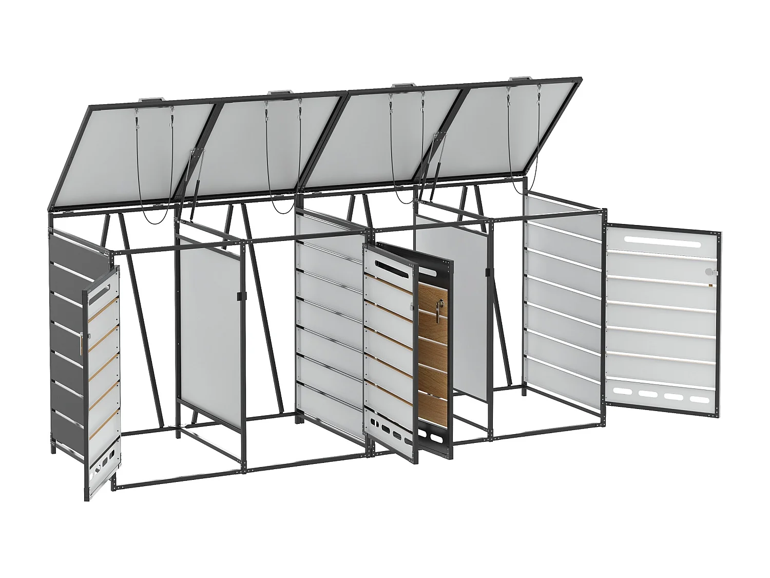 Refugio para 4 contenedores de jardín - 2 x 131 x 79 x 116 cm - con tapa hidráulica + cerradura + 4 puertas - metal - negro