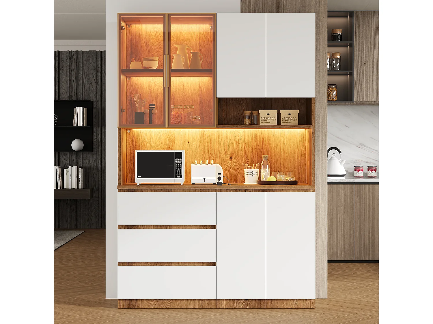 Buffet haut de cuisine - 120.5 x 40 x 180 cm - avec Leds + 3 tiroirs + 6 portes + étagères - aggloméré - naturel + blanc