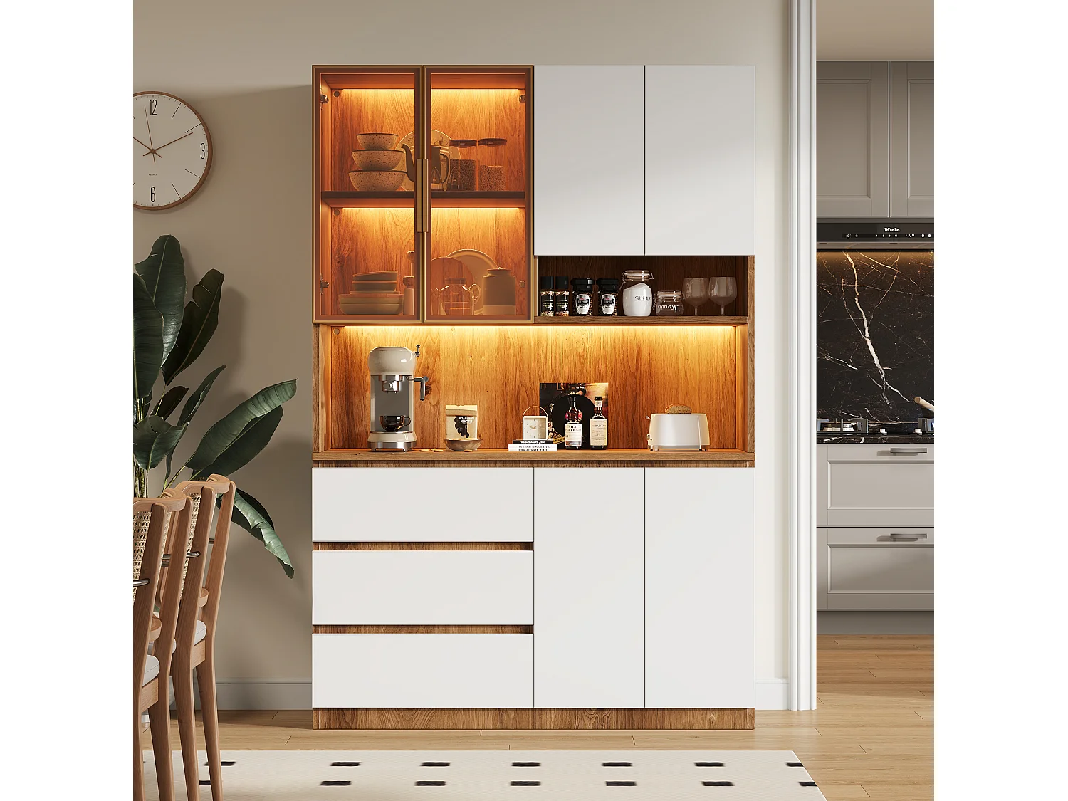 Buffet haut de cuisine - 120.5 x 40 x 180 cm - avec Leds + 3 tiroirs + 6 portes + étagères - aggloméré - naturel + blanc