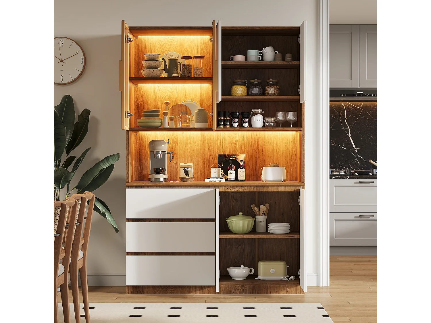 Buffet haut de cuisine - 120.5 x 40 x 180 cm - avec Leds + 3 tiroirs + 6 portes + étagères - aggloméré - naturel + blanc