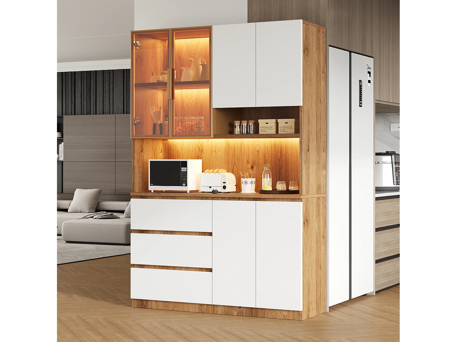 Buffet haut de cuisine - 120.5 x 40 x 180 cm - avec Leds + 3 tiroirs + 6 portes + étagères - aggloméré - naturel + blanc