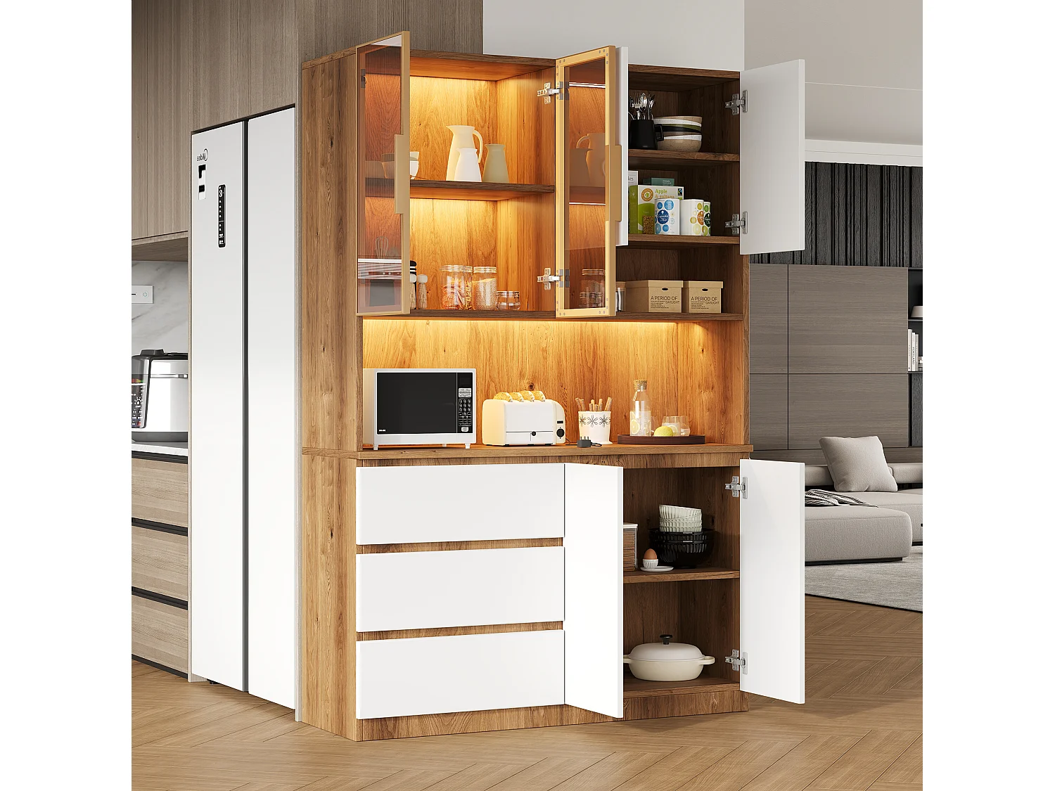 Buffet haut de cuisine - 120.5 x 40 x 180 cm - avec Leds + 3 tiroirs + 6 portes + étagères - aggloméré - naturel + blanc