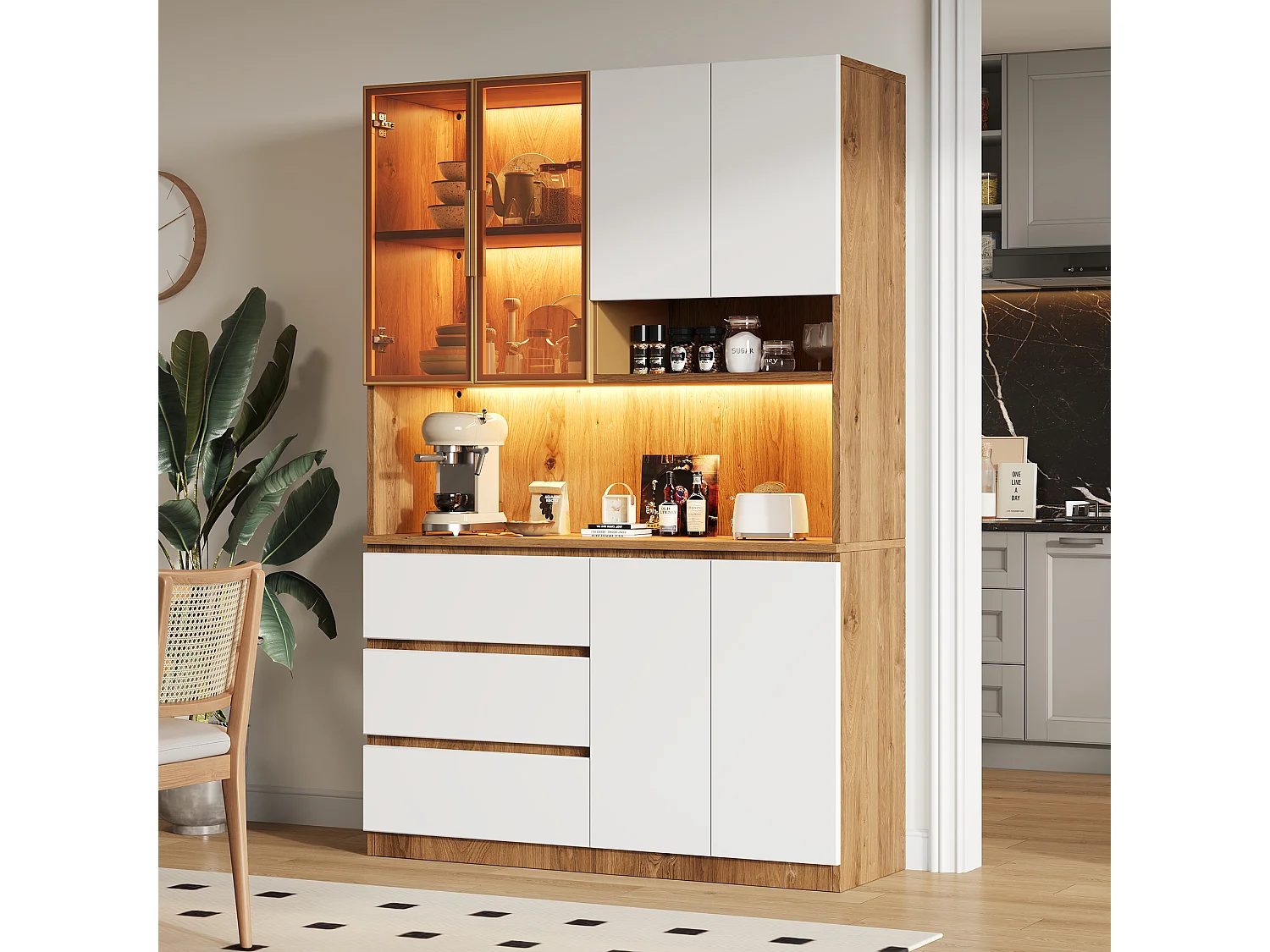Buffet haut de cuisine - 120.5 x 40 x 180 cm - avec Leds + 3 tiroirs + 6 portes + étagères - aggloméré - naturel + blanc