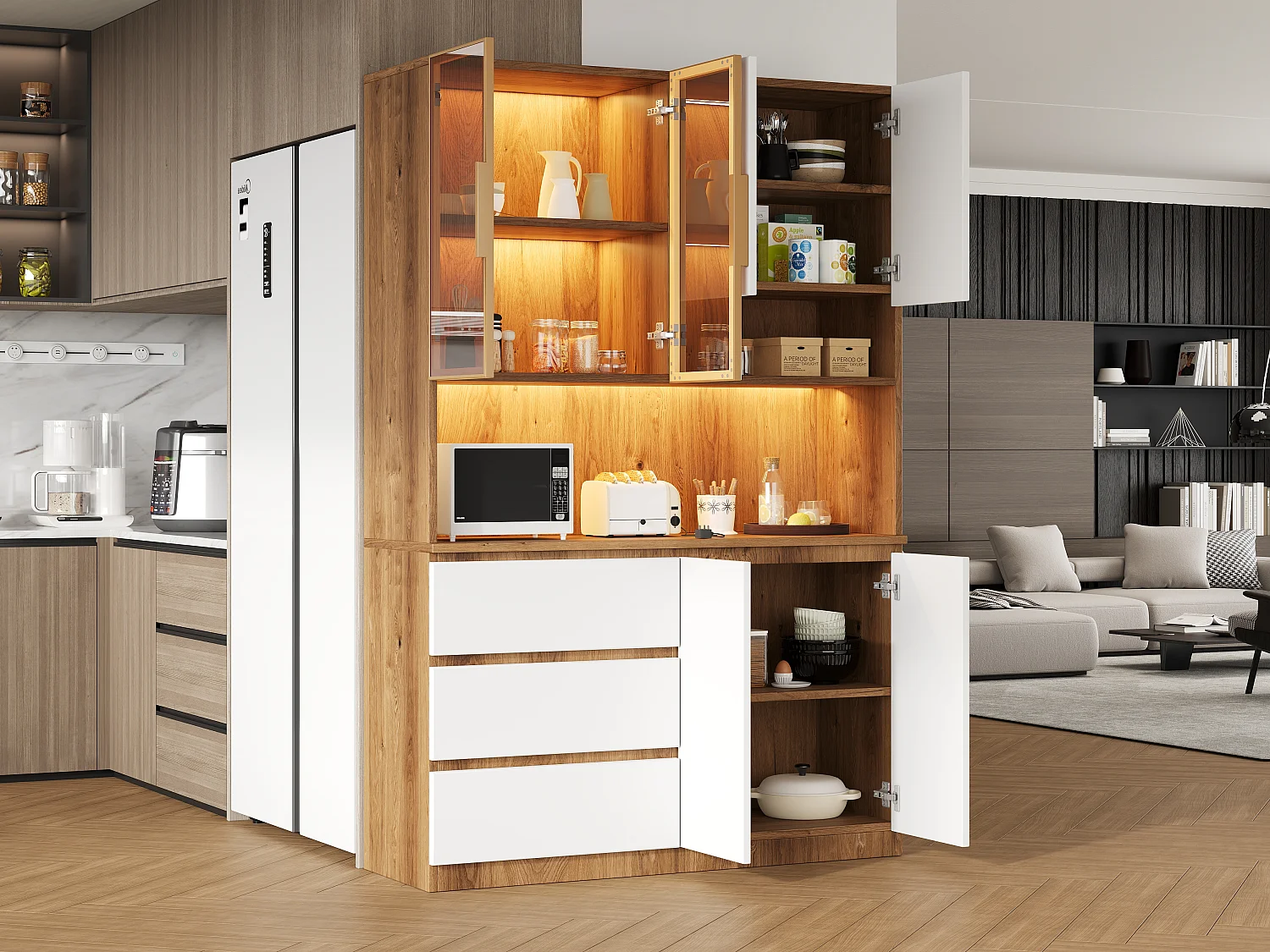 Buffet haut de cuisine - 120.5 x 40 x 180 cm - avec Leds + 3 tiroirs + 6 portes + étagères - aggloméré - naturel + blanc