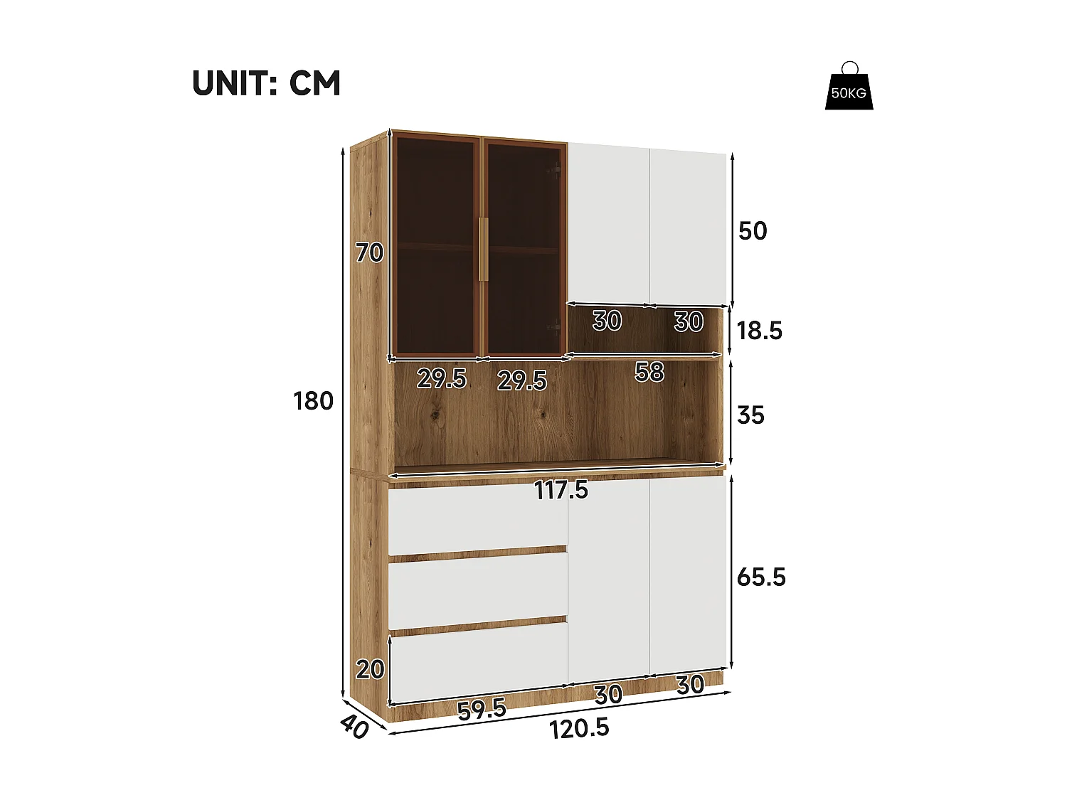 Buffet haut de cuisine - 120.5 x 40 x 180 cm - avec Leds + 3 tiroirs + 6 portes + étagères - aggloméré - naturel + blanc