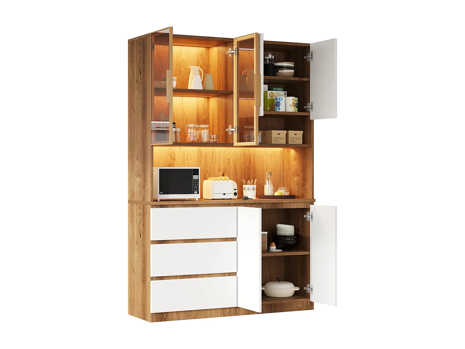 Buffet haut de cuisine - 120.5 x 40 x 180 cm - avec Leds + 3 tiroirs + 6 portes + étagères - aggloméré - naturel + blanc