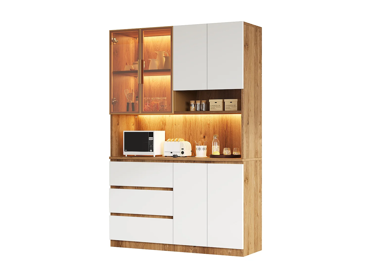 Buffet haut de cuisine - 120.5 x 40 x 180 cm - avec Leds + 3 tiroirs + 6 portes + étagères - aggloméré - naturel + blanc