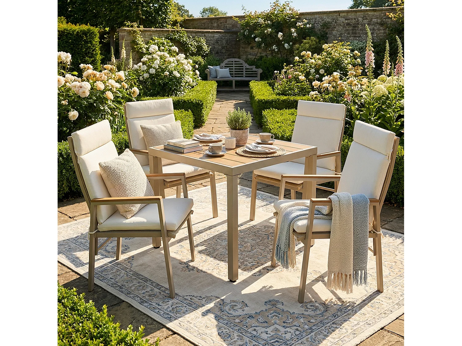 Ensemble table et chaise de jardin 4 places - avec 1 table + 4 chaises - structure en fer galvanisé - métal - beige