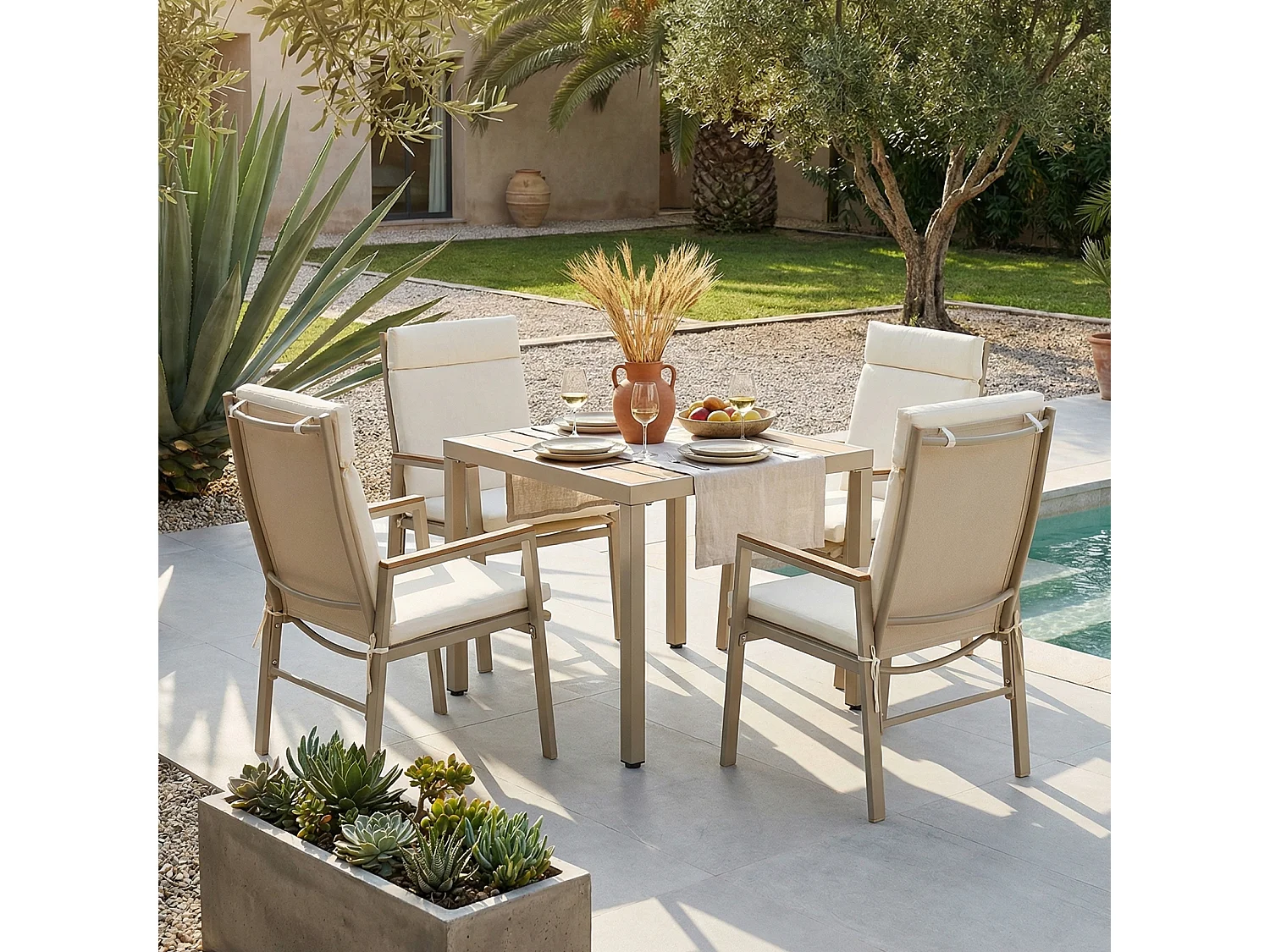 Ensemble table et chaise de jardin 4 places - avec 1 table + 4 chaises - structure en fer galvanisé - métal - beige