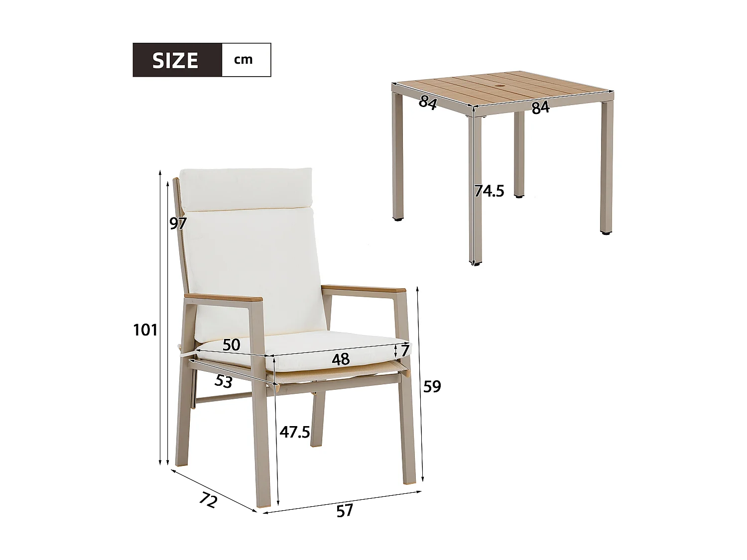 Ensemble table et chaise de jardin 4 places - avec 1 table + 4 chaises - structure en fer galvanisé - métal - beige