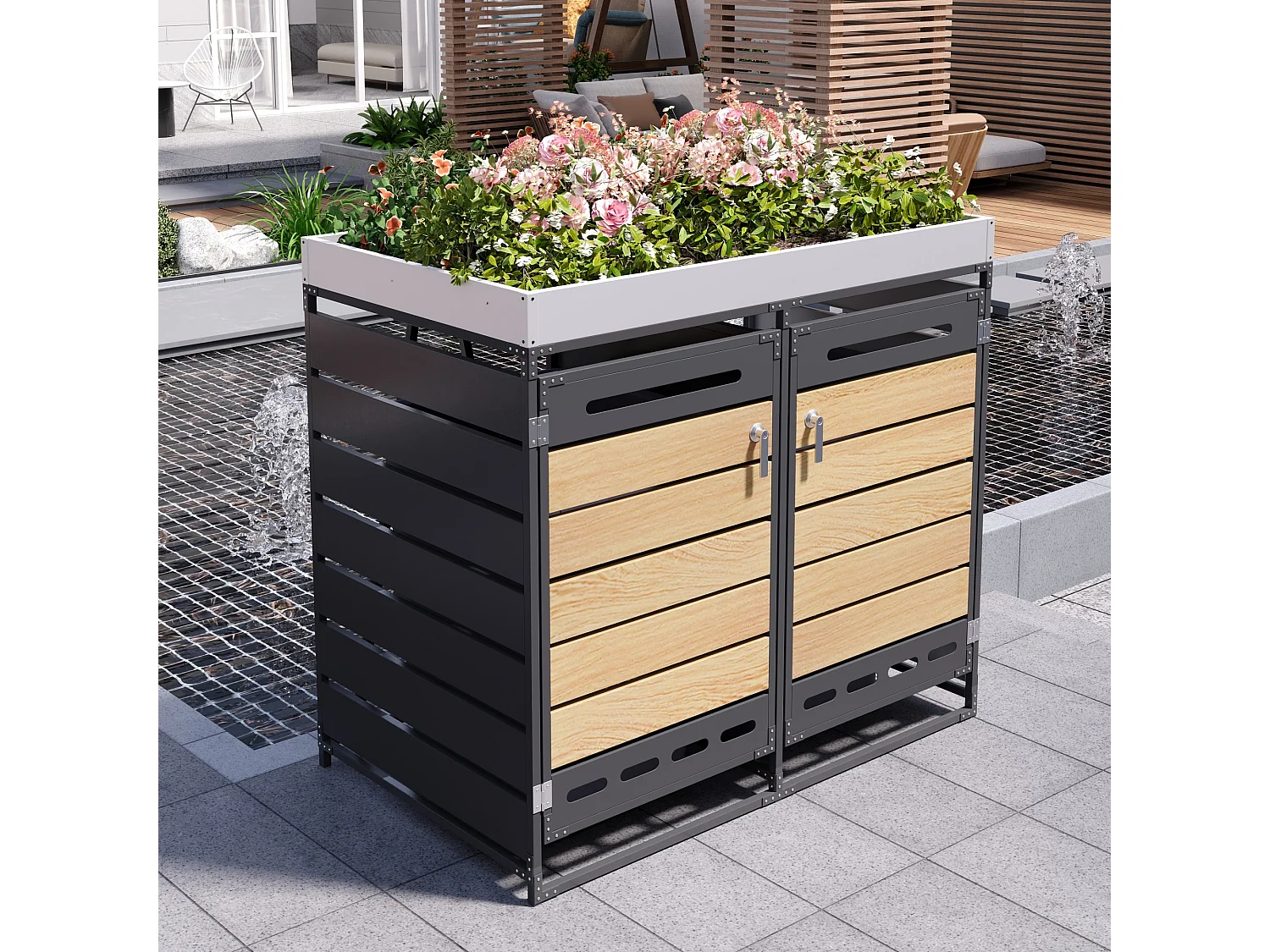 Caseta para 2 contenedores de jardín - 131 x 79 x 120 cm - con jardinera + cerradura + 2 puertas - metal - negro