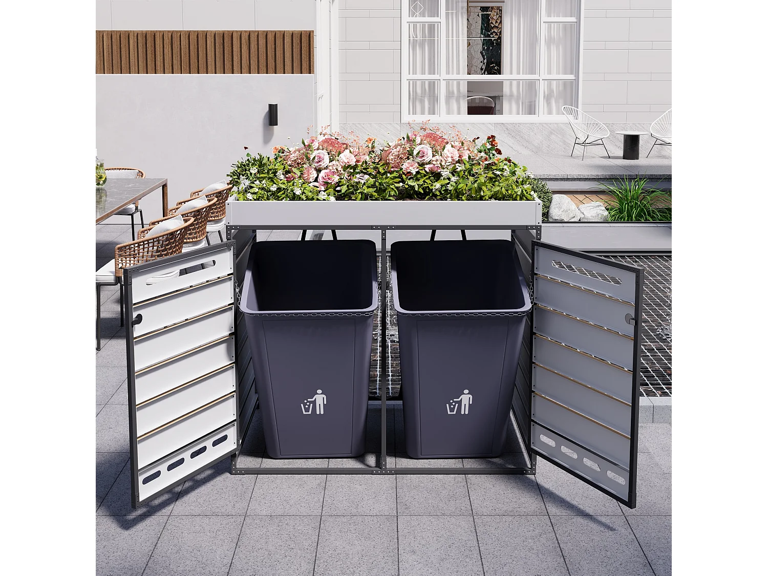 Caseta para 2 contenedores de jardín - 131 x 79 x 120 cm - con jardinera + cerradura + 2 puertas - metal - negro