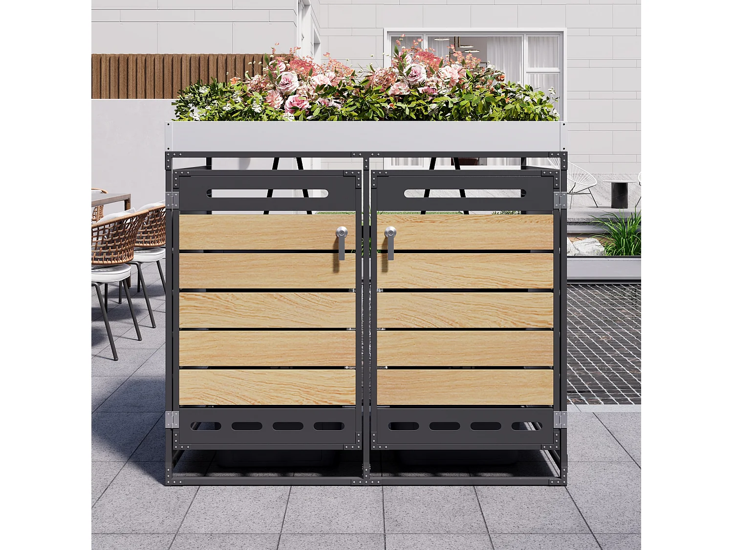 Caseta para 2 contenedores de jardín - 131 x 79 x 120 cm - con jardinera + cerradura + 2 puertas - metal - negro