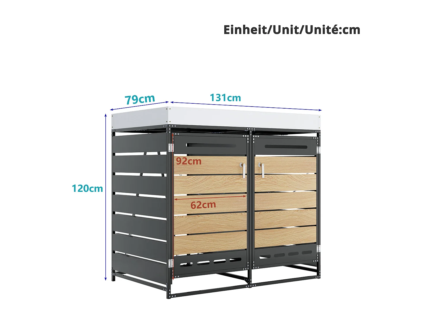 Caseta para 2 contenedores de jardín - 131 x 79 x 120 cm - con jardinera + cerradura + 2 puertas - metal - negro
