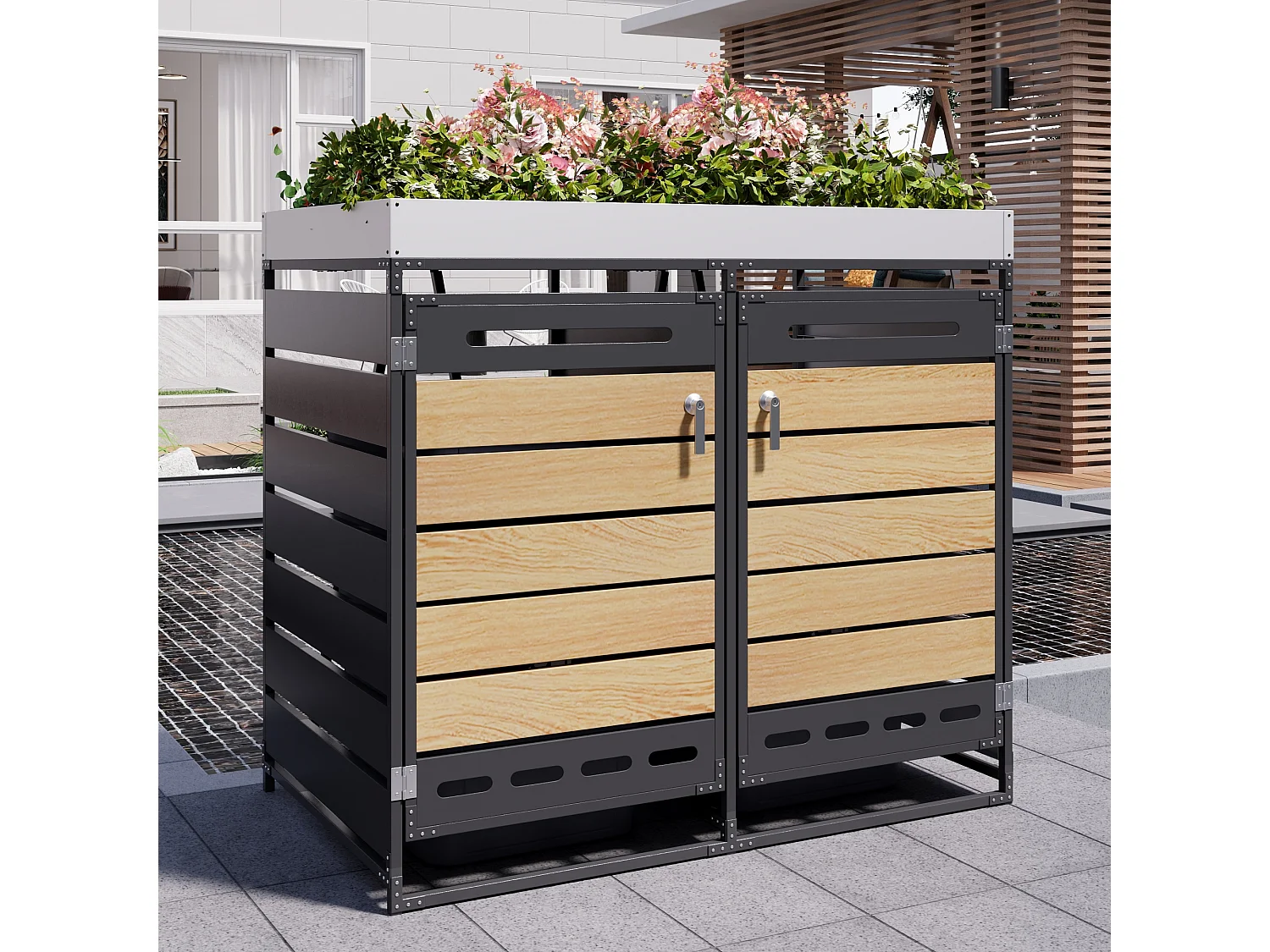 Caseta para 2 contenedores de jardín - 131 x 79 x 120 cm - con jardinera + cerradura + 2 puertas - metal - negro