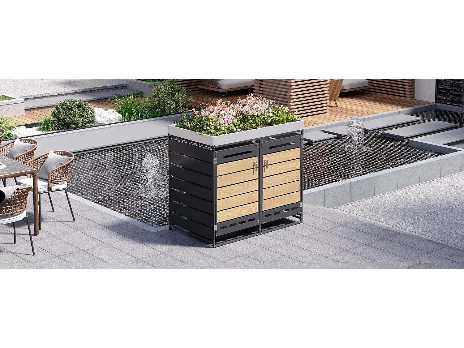 Caseta para 2 contenedores de jardín - 131 x 79 x 120 cm - con jardinera + cerradura + 2 puertas - metal - negro