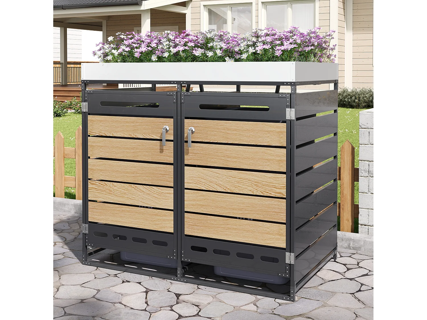 Caseta para 2 contenedores de jardín - 131 x 79 x 120 cm - con jardinera + cerradura + 2 puertas - metal - negro