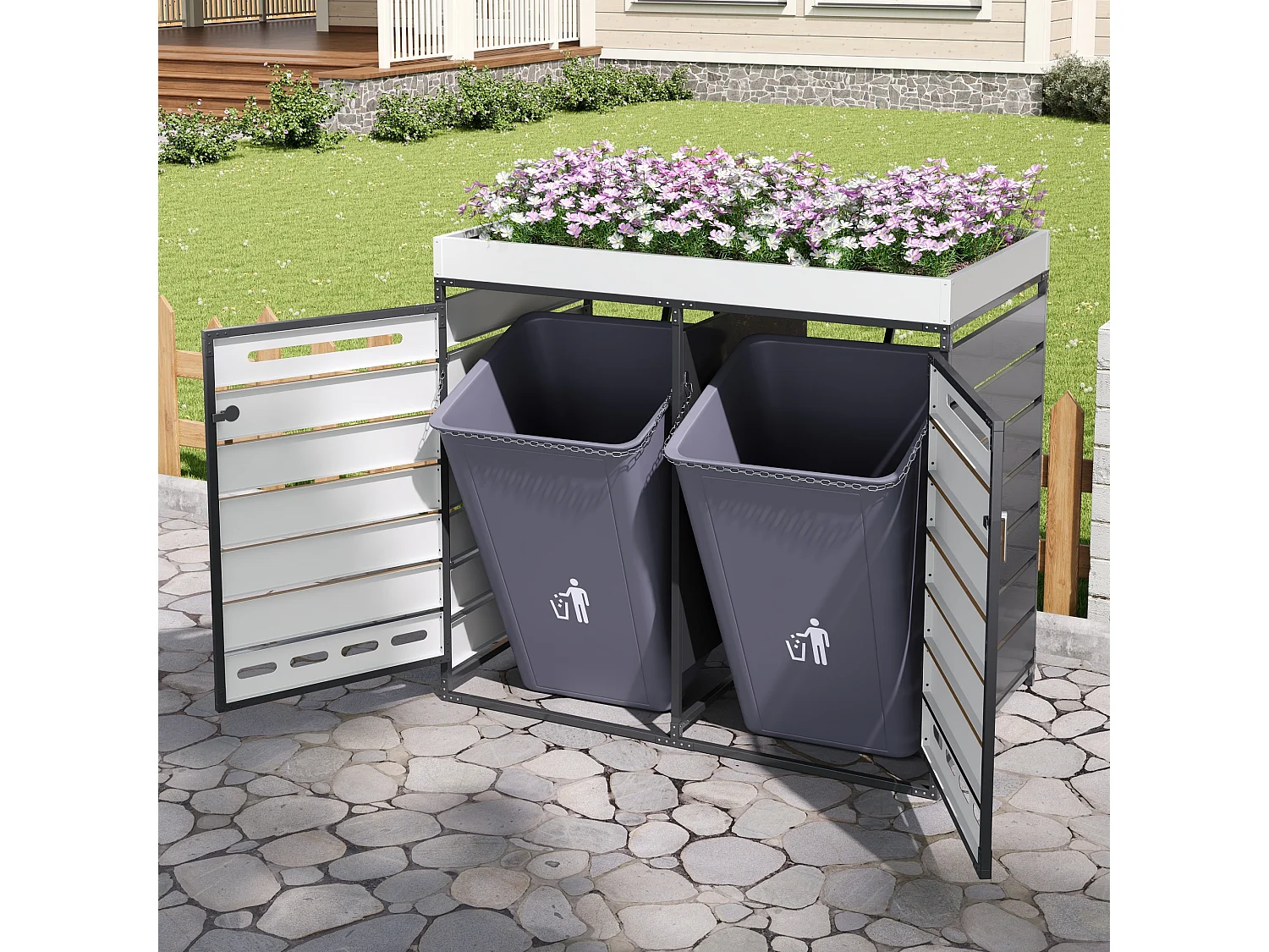 Caseta para 2 contenedores de jardín - 131 x 79 x 120 cm - con jardinera + cerradura + 2 puertas - metal - negro