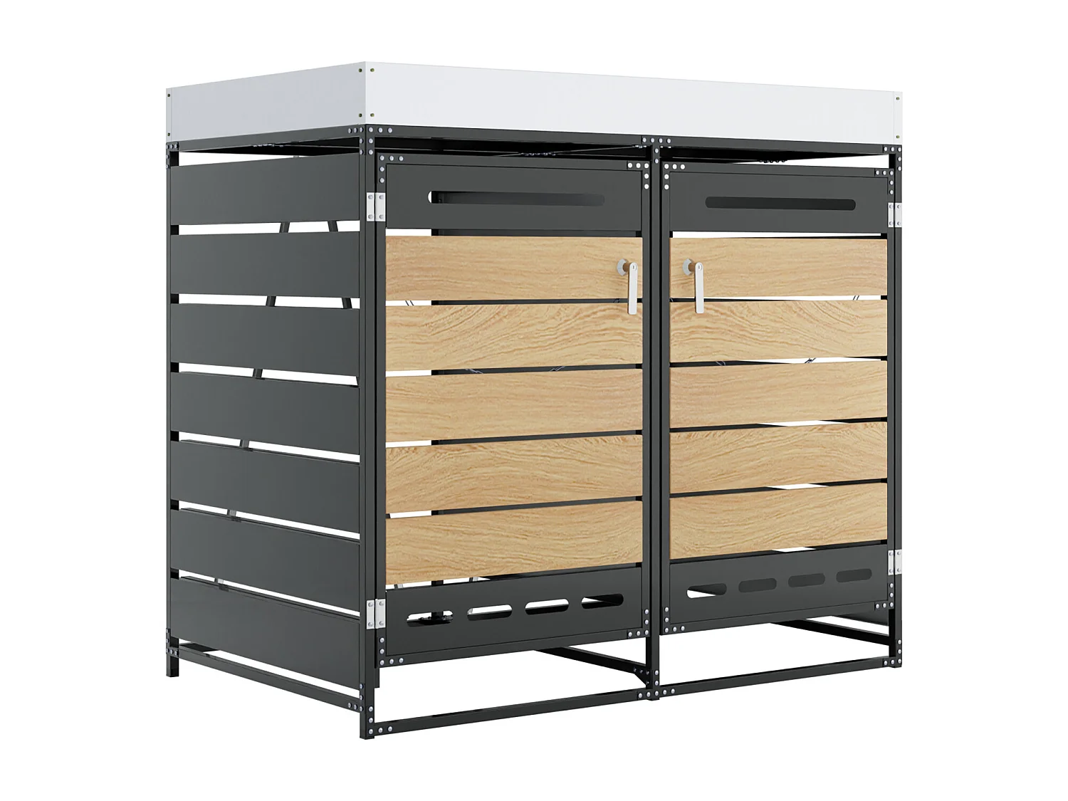 Caseta para 2 contenedores de jardín - 131 x 79 x 120 cm - con jardinera + cerradura + 2 puertas - metal - negro