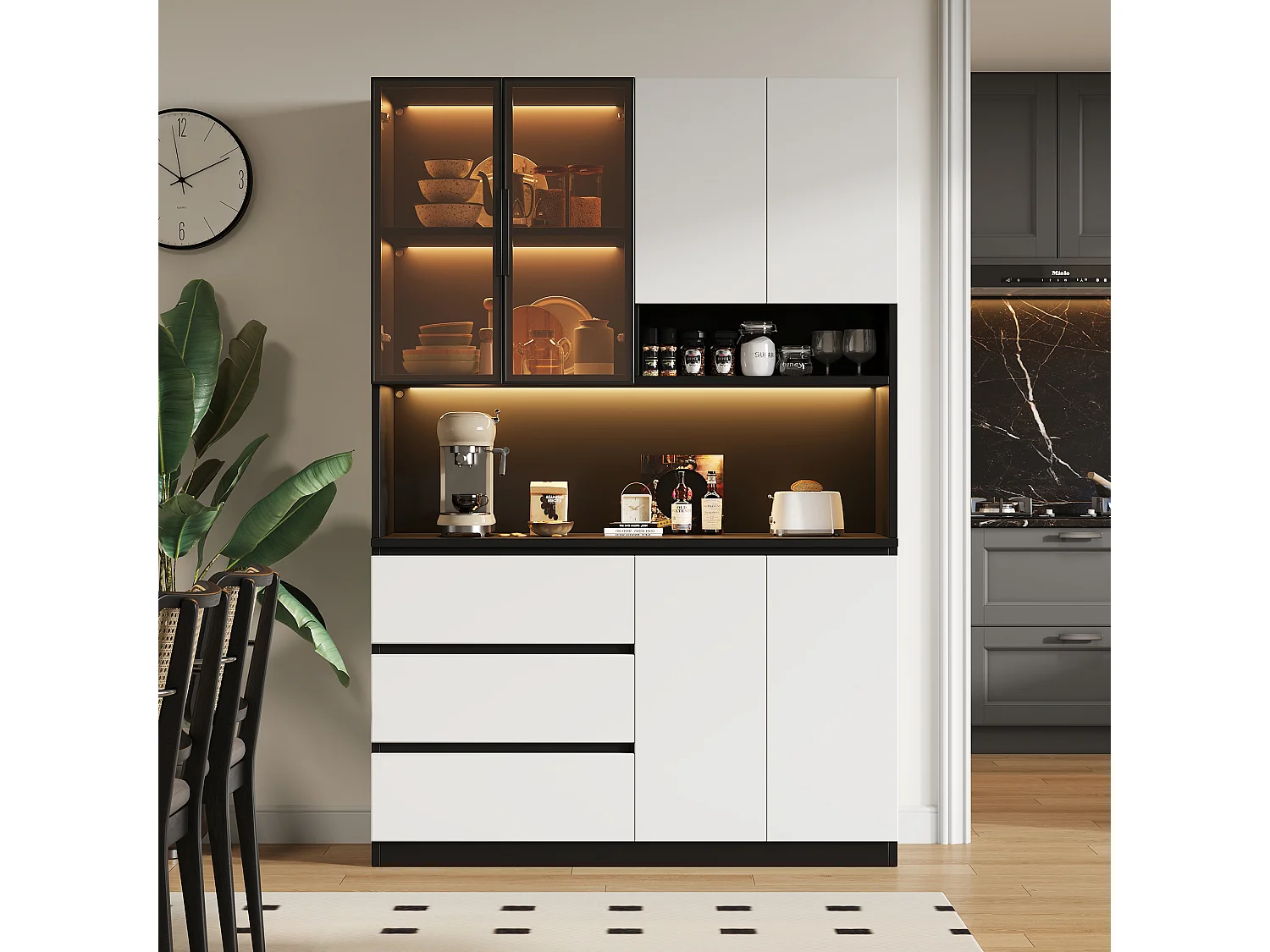 Hohes Küchen-Sideboard – 120,5 x 40 x 180 cm – mit LED-Beleuchtung, 3 Schubladen, 6 Türen und Einlegeböden – Spanplatte – schwarz + weiß