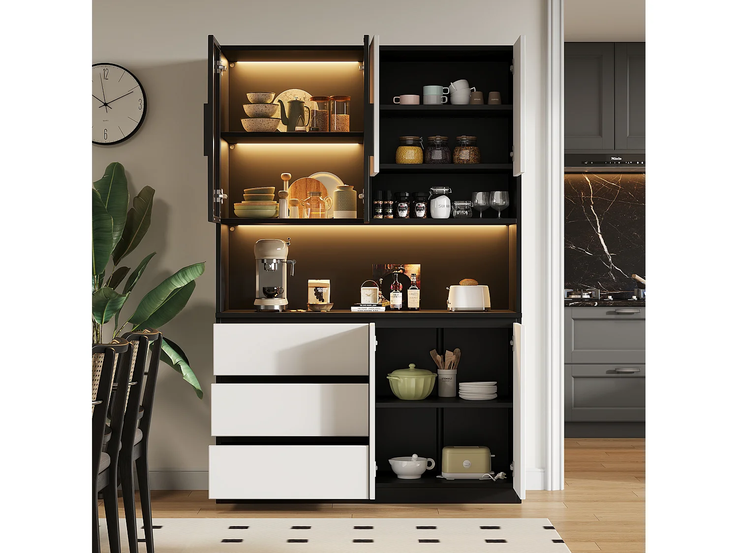 Hohes Küchen-Sideboard – 120,5 x 40 x 180 cm – mit LED-Beleuchtung, 3 Schubladen, 6 Türen und Einlegeböden – Spanplatte – schwarz + weiß
