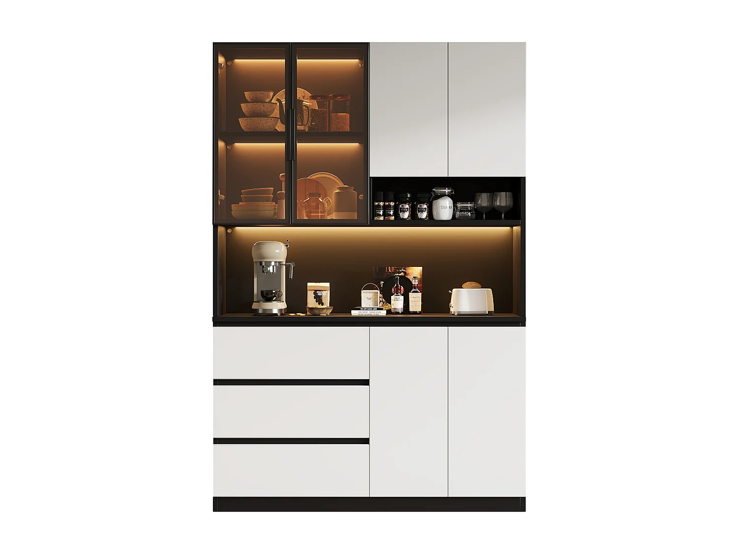 Hohes Küchen-Sideboard – 120,5 x 40 x 180 cm – mit LED-Beleuchtung, 3 Schubladen, 6 Türen und Einlegeböden – Spanplatte – schwarz + weiß
