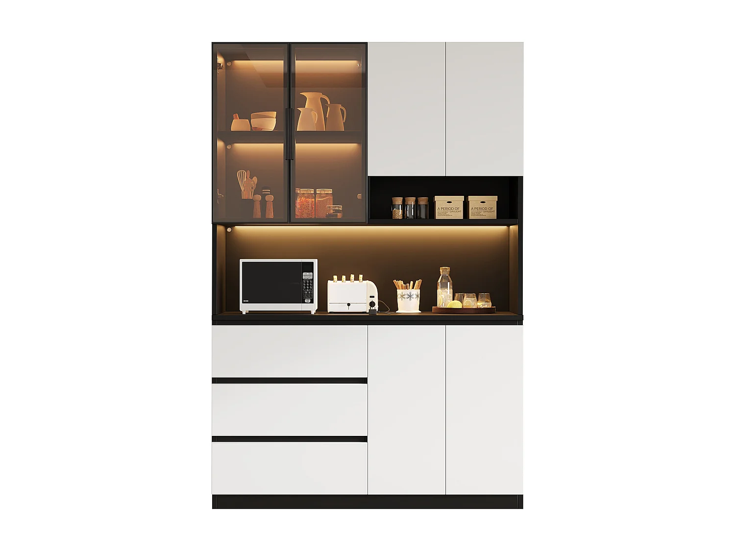 Hohes Küchen-Sideboard – 120,5 x 40 x 180 cm – mit LED-Beleuchtung, 3 Schubladen, 6 Türen und Einlegeböden – Spanplatte – schwarz + weiß