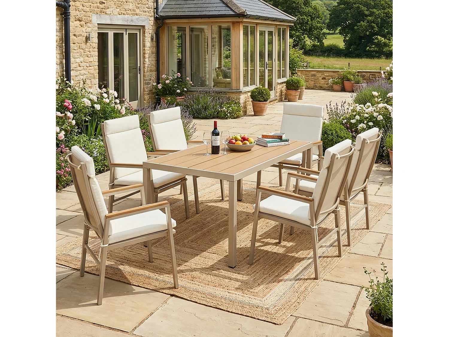Ensemble table et chaise de jardin 6 places - avec 1 table + 6 chaises - structure en fer galvanisé - métal - beige