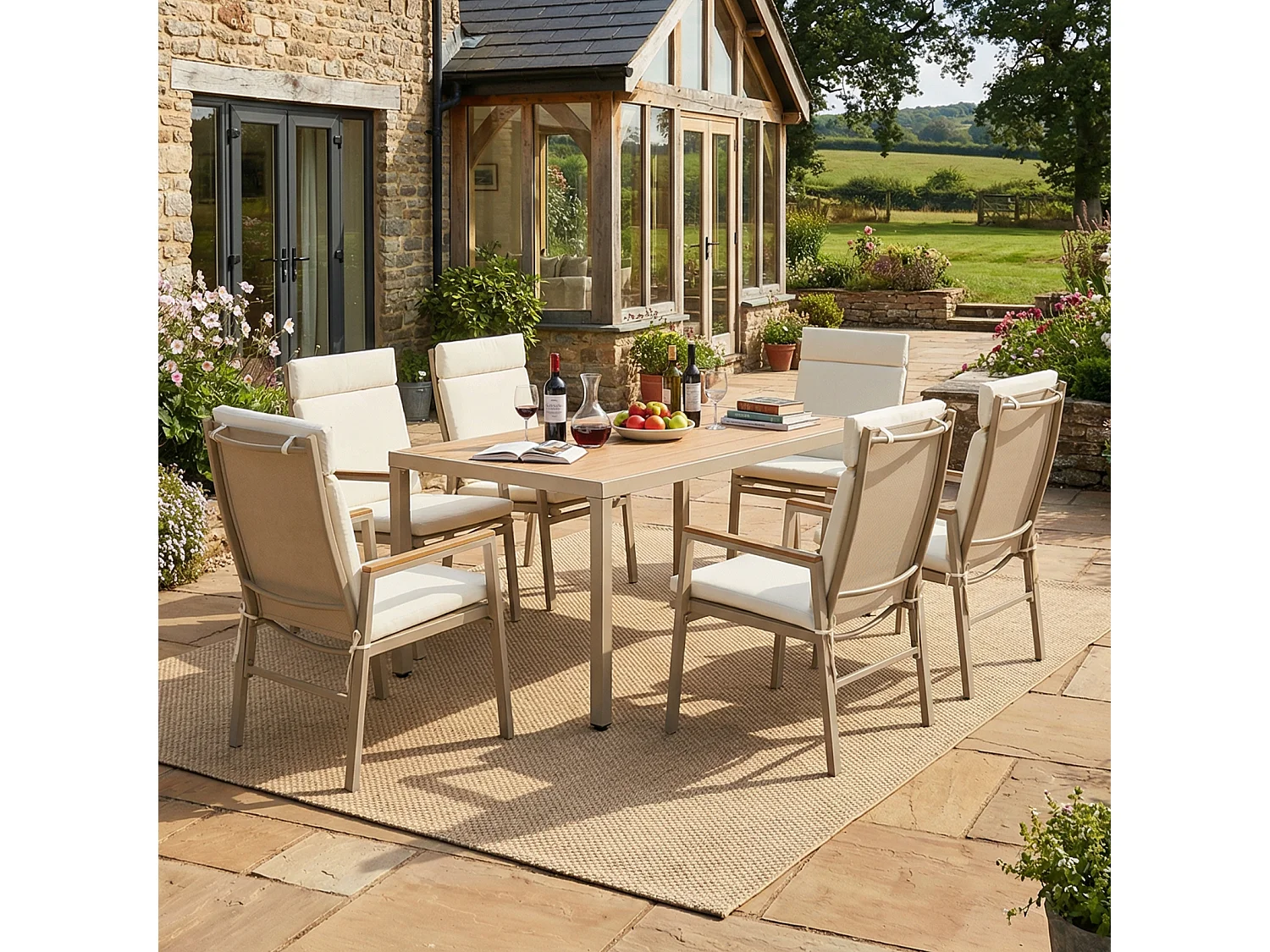 Ensemble table et chaise de jardin 6 places - avec 1 table + 6 chaises - structure en fer galvanisé - métal - beige