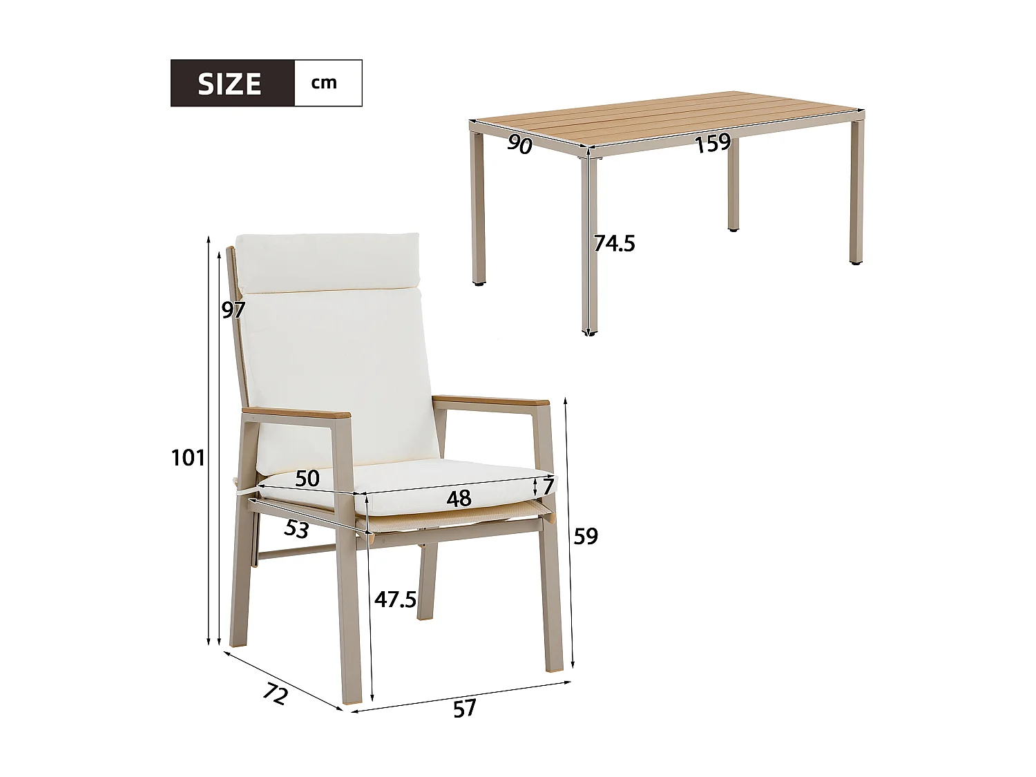 Ensemble table et chaise de jardin 6 places - avec 1 table + 6 chaises - structure en fer galvanisé - métal - beige