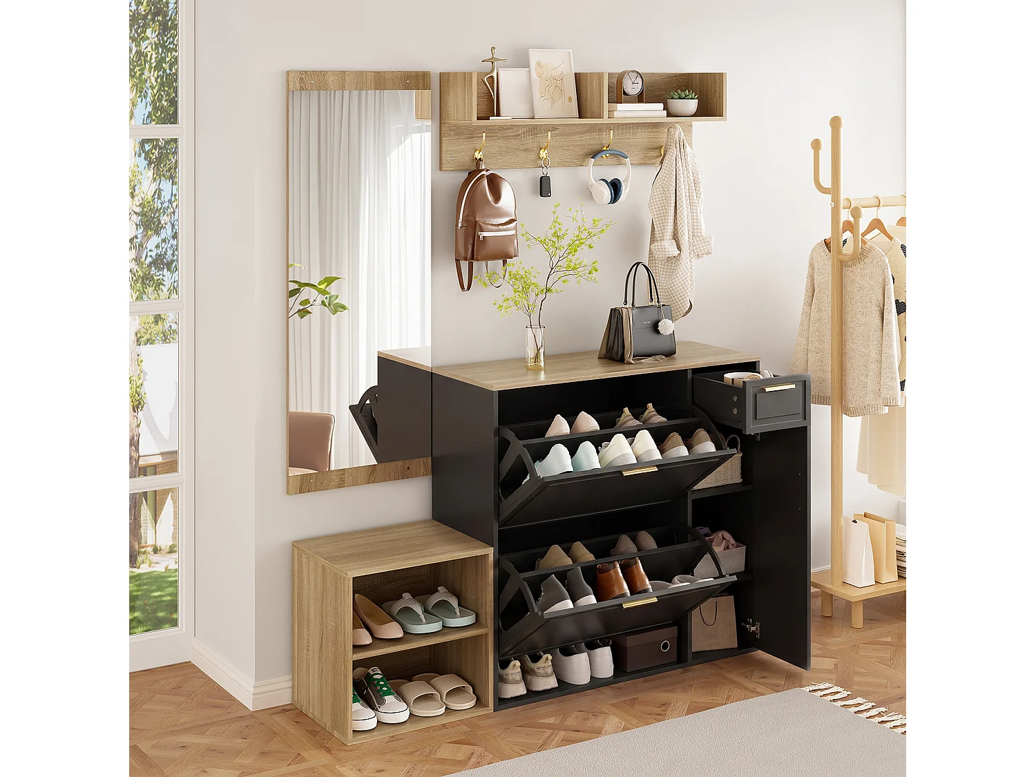 4-teilige Garderobengarnitur für den Eingangsbereich – mit Schuhschrank, Sitzbank, Wandgarderobe und Spiegel – Spanplatte – schwarz + natur