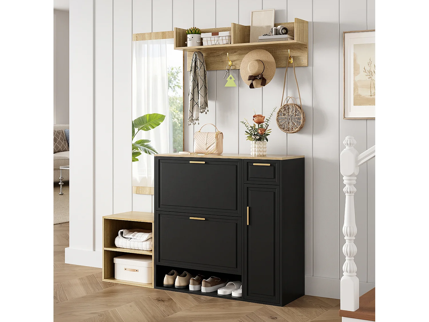 4-teilige Garderobengarnitur für den Eingangsbereich – mit Schuhschrank, Sitzbank, Wandgarderobe und Spiegel – Spanplatte – schwarz + natur