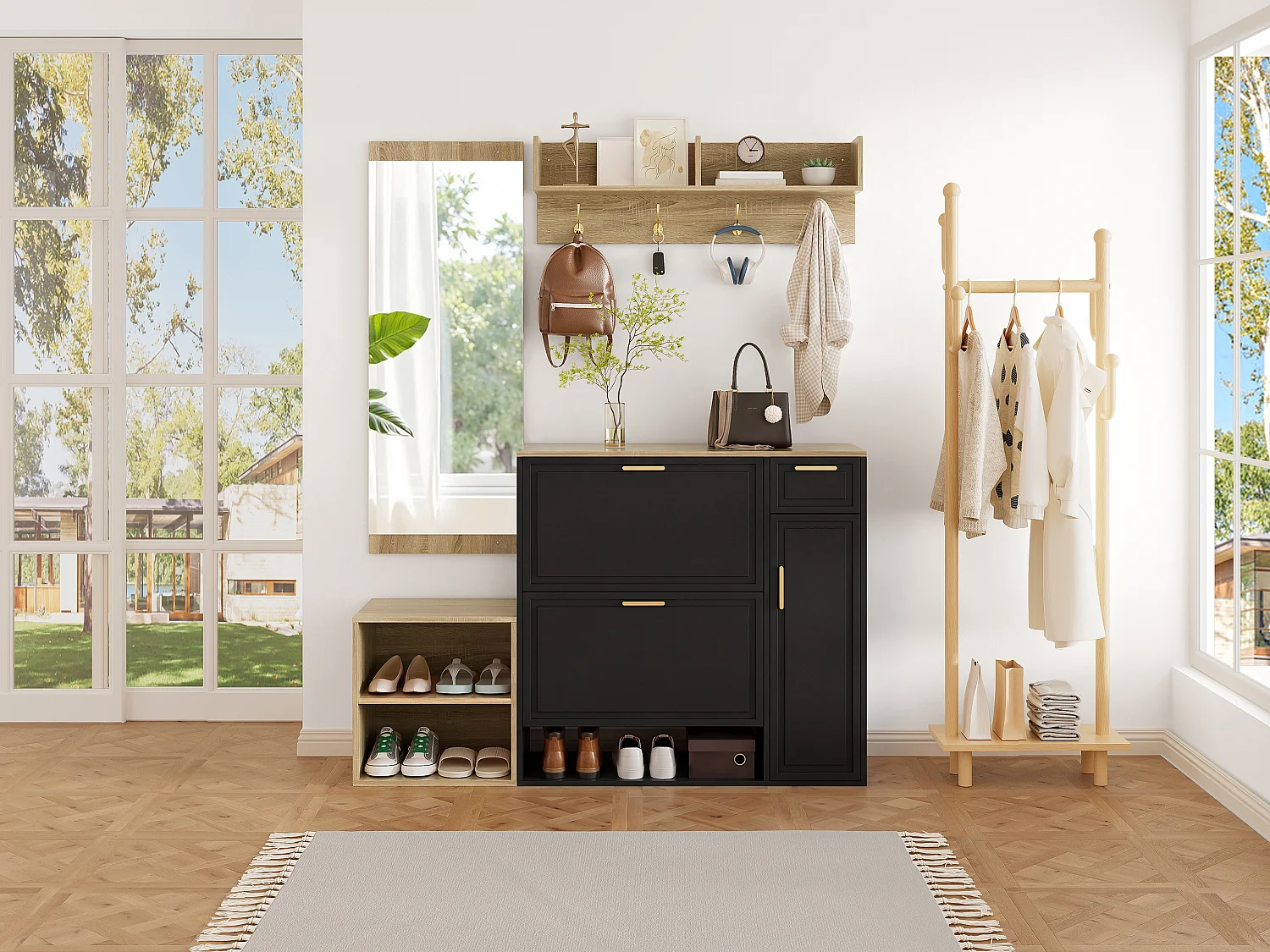 4-teilige Garderobengarnitur für den Eingangsbereich – mit Schuhschrank, Sitzbank, Wandgarderobe und Spiegel – Spanplatte – schwarz + natur