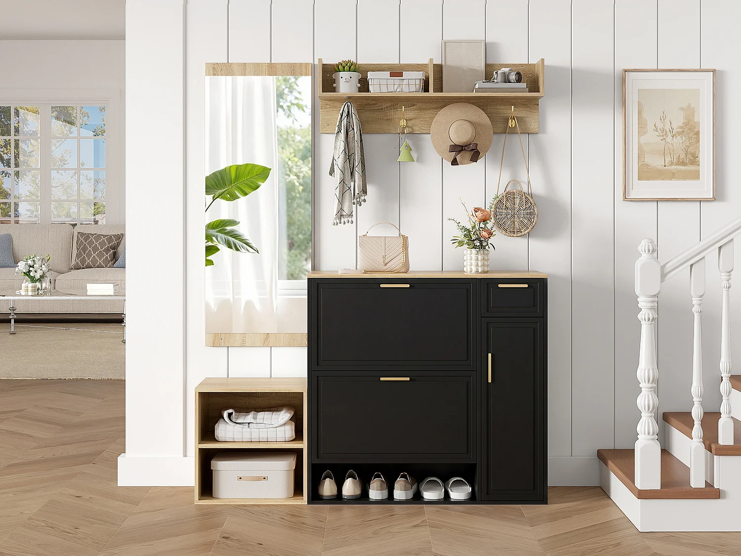 4-teilige Garderobengarnitur für den Eingangsbereich – mit Schuhschrank, Sitzbank, Wandgarderobe und Spiegel – Spanplatte – schwarz + natur
