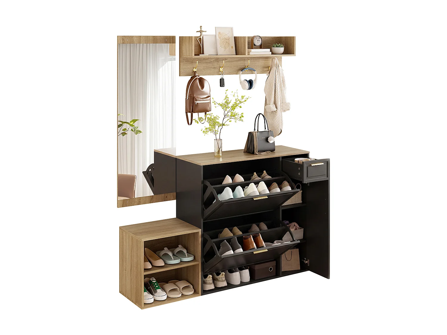 4-teilige Garderobengarnitur für den Eingangsbereich – mit Schuhschrank, Sitzbank, Wandgarderobe und Spiegel – Spanplatte – schwarz + natur