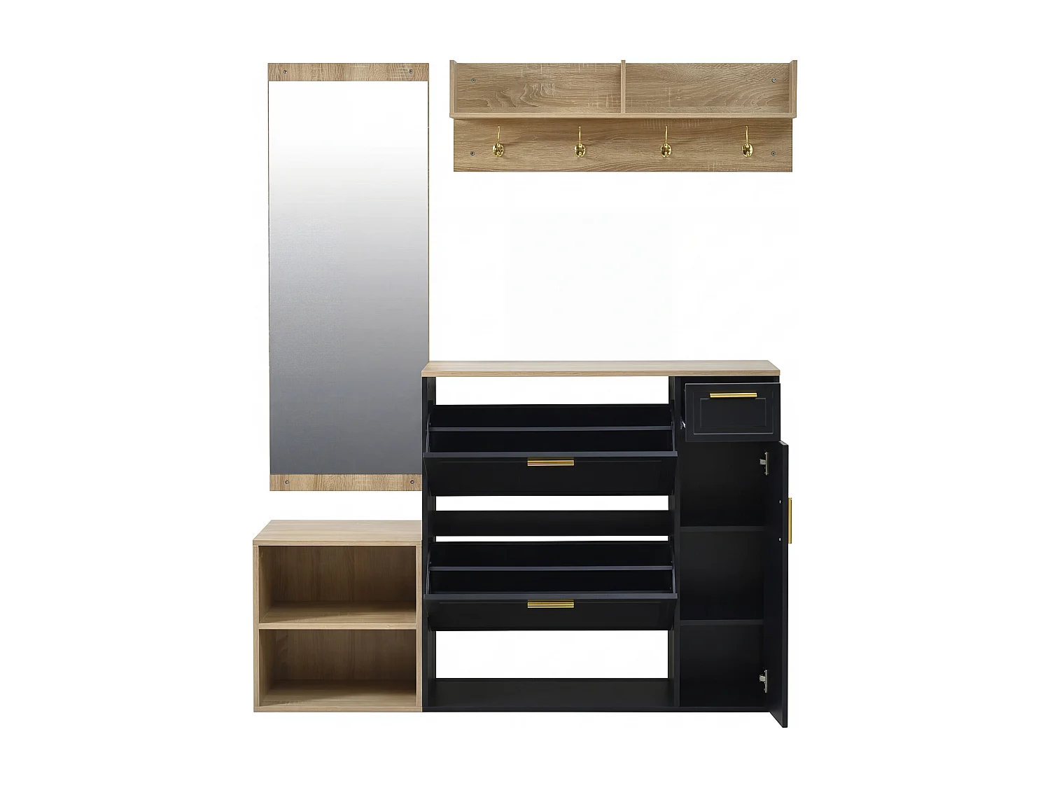 4-teilige Garderobengarnitur für den Eingangsbereich – mit Schuhschrank, Sitzbank, Wandgarderobe und Spiegel – Spanplatte – schwarz + natur