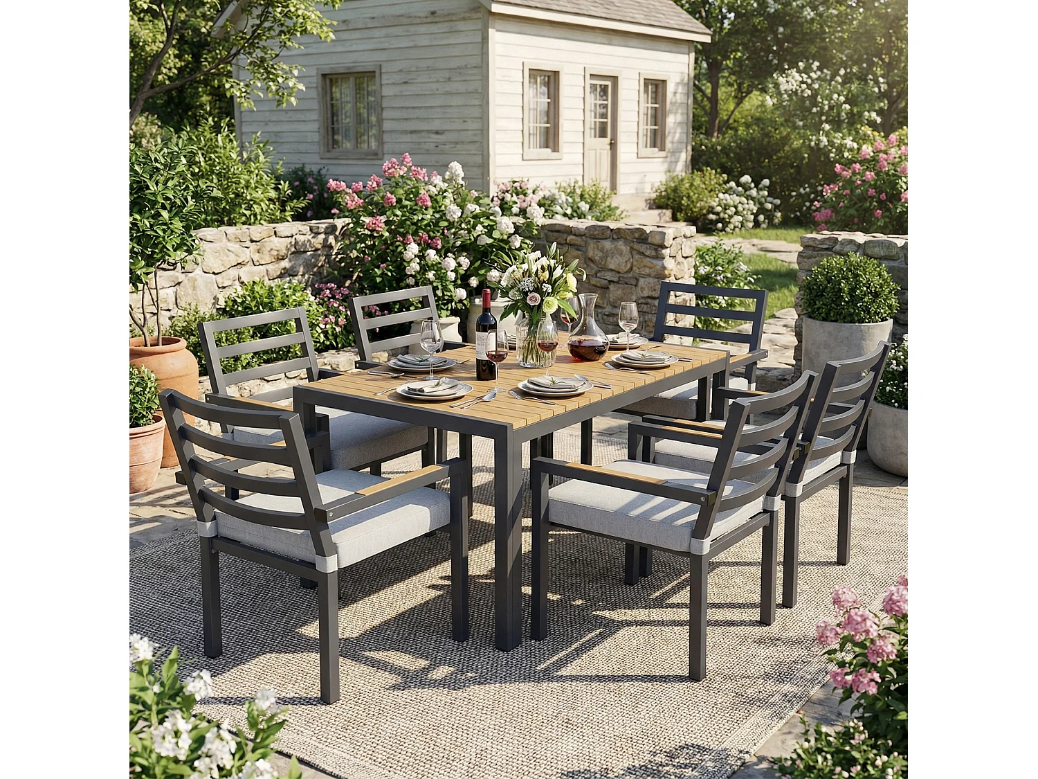 Ensemble table et chaise de jardin 6 places - avec 1 table + 6 chaises - structure en fer galvanisé - métal - gris
