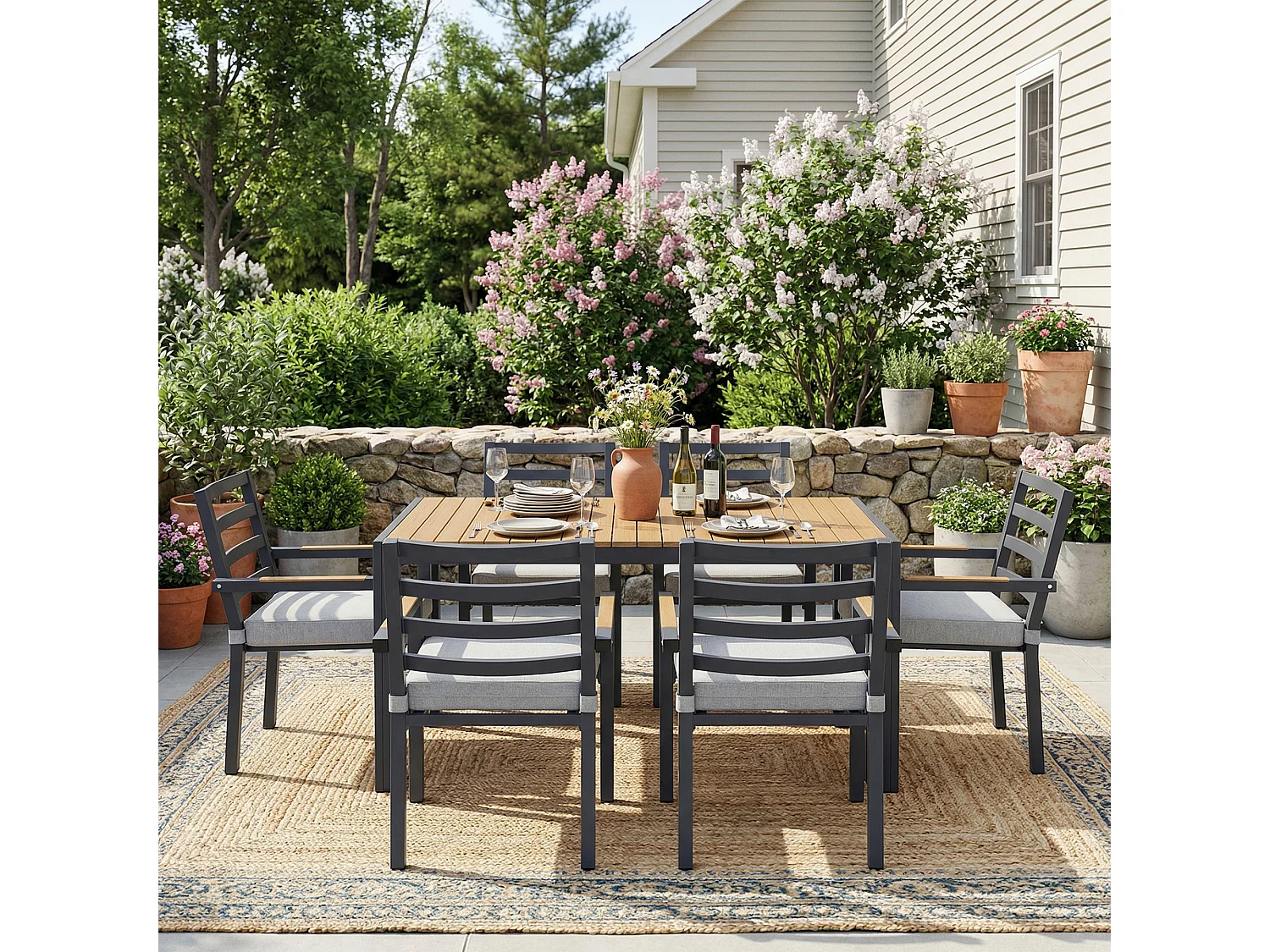 Ensemble table et chaise de jardin 6 places - avec 1 table + 6 chaises - structure en fer galvanisé - métal - gris