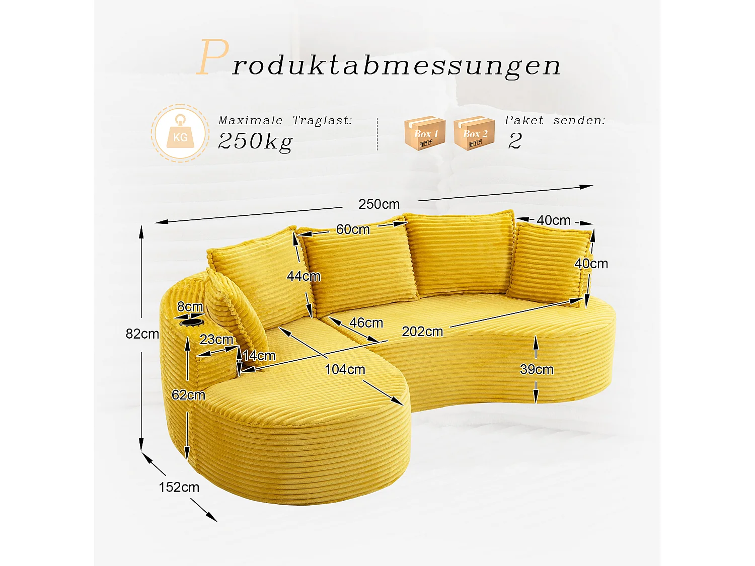 Canapé 3 places en velours côtelé - 250 x 152 x 82 cm - avec porte-gobelet + poche + coussins - jaune