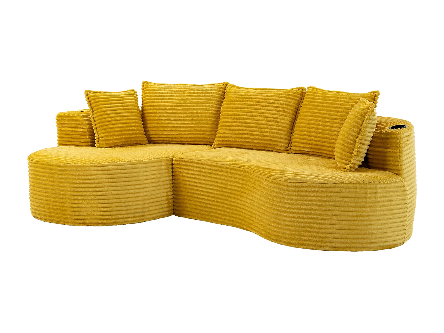 Canapé 3 places en velours côtelé - 250 x 152 x 82 cm - avec porte-gobelet + poche + coussins - jaune