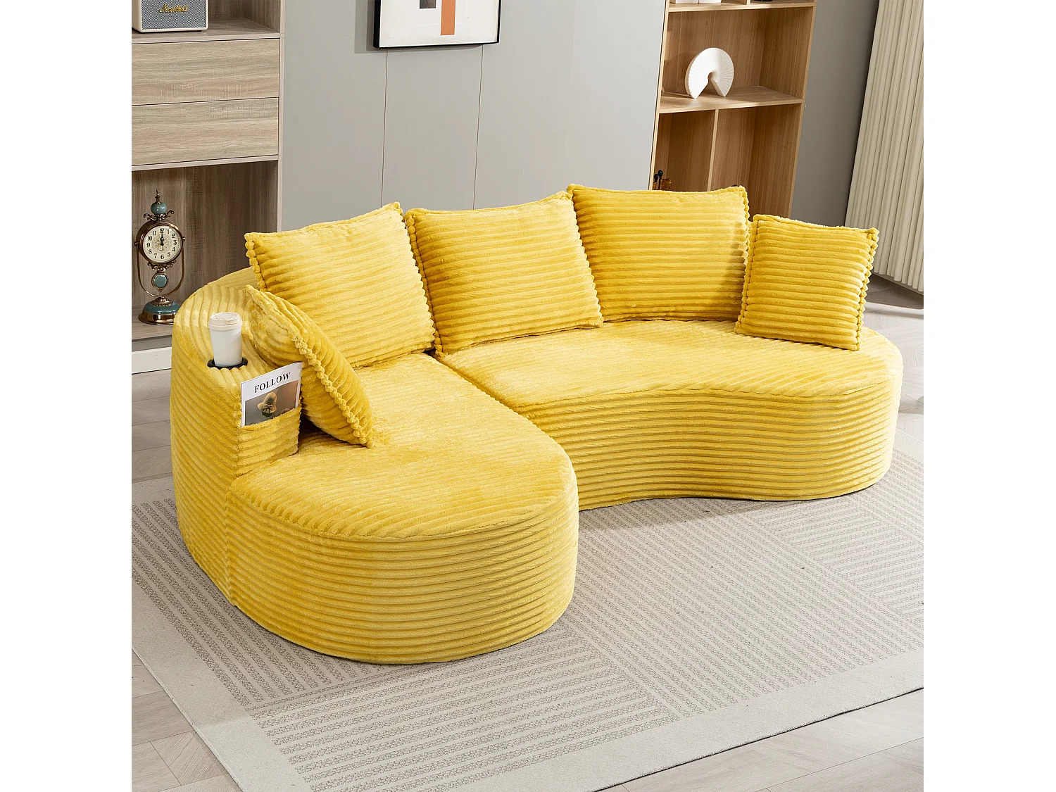 Canapé 3 places en velours côtelé - 250 x 152 x 82 cm - avec porte-gobelet + poche + coussins - jaune