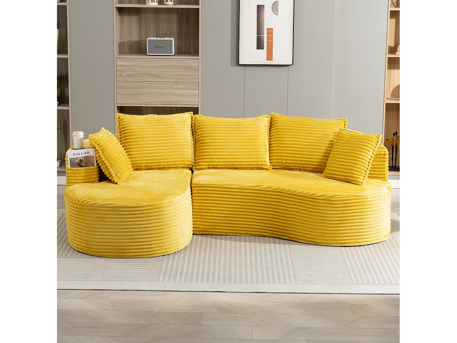 Canapé 3 places en velours côtelé - 250 x 152 x 82 cm - avec porte-gobelet + poche + coussins - jaune