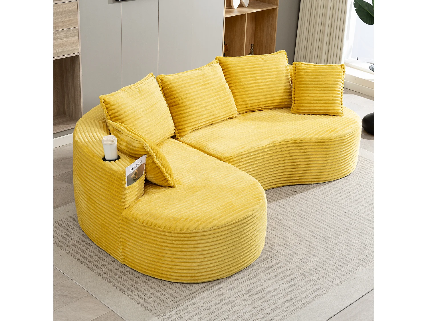 Canapé 3 places en velours côtelé - 250 x 152 x 82 cm - avec porte-gobelet + poche + coussins - jaune