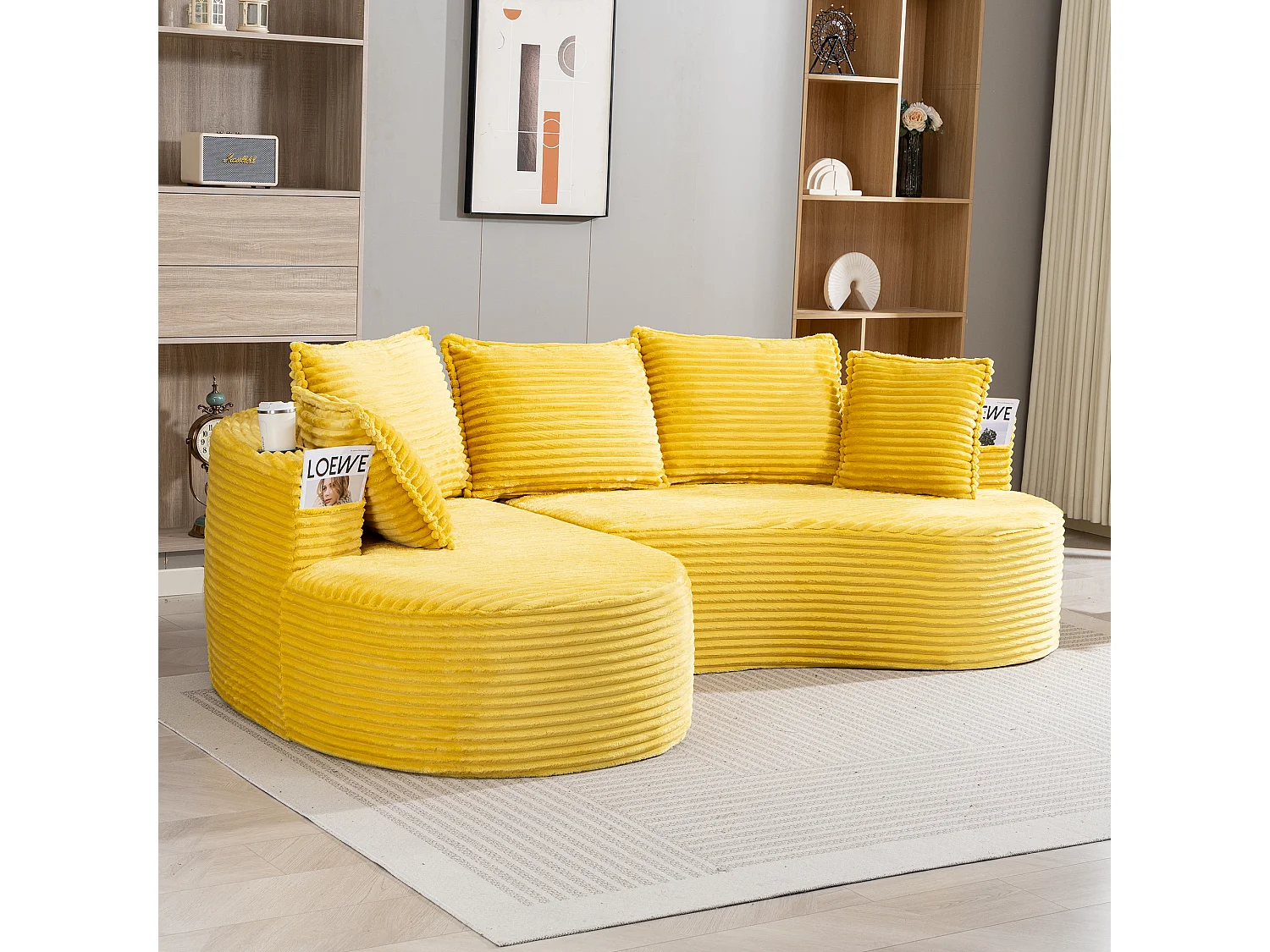 Canapé 3 places en velours côtelé - 250 x 152 x 82 cm - avec porte-gobelet + poche + coussins - jaune